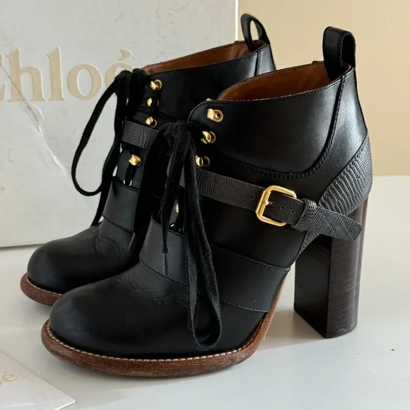 Chloe ankle boots black two tone lace up belted Bernie shoes Women's sz 5.5 us - Picture 4 of 10
